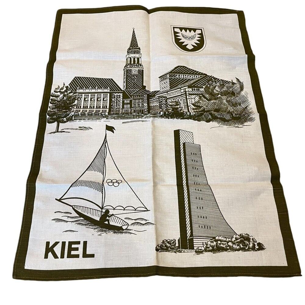 VTG New Old Stock Linen Tea Towel KIEL Germany Sailboat Architecture Landmarks